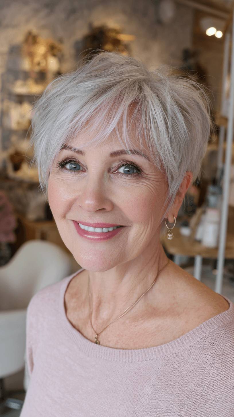 Playful Textured Silver Pixie with Feathered Layers