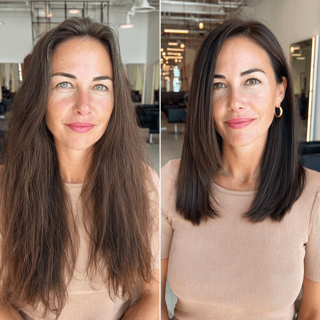 Sleek Shoulder-Length Blunt Cut with Subtle Shimmering Finish