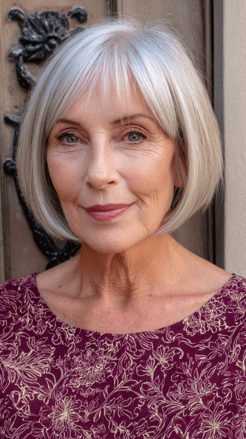 Sleek Silver Bob with Blunt Bangs