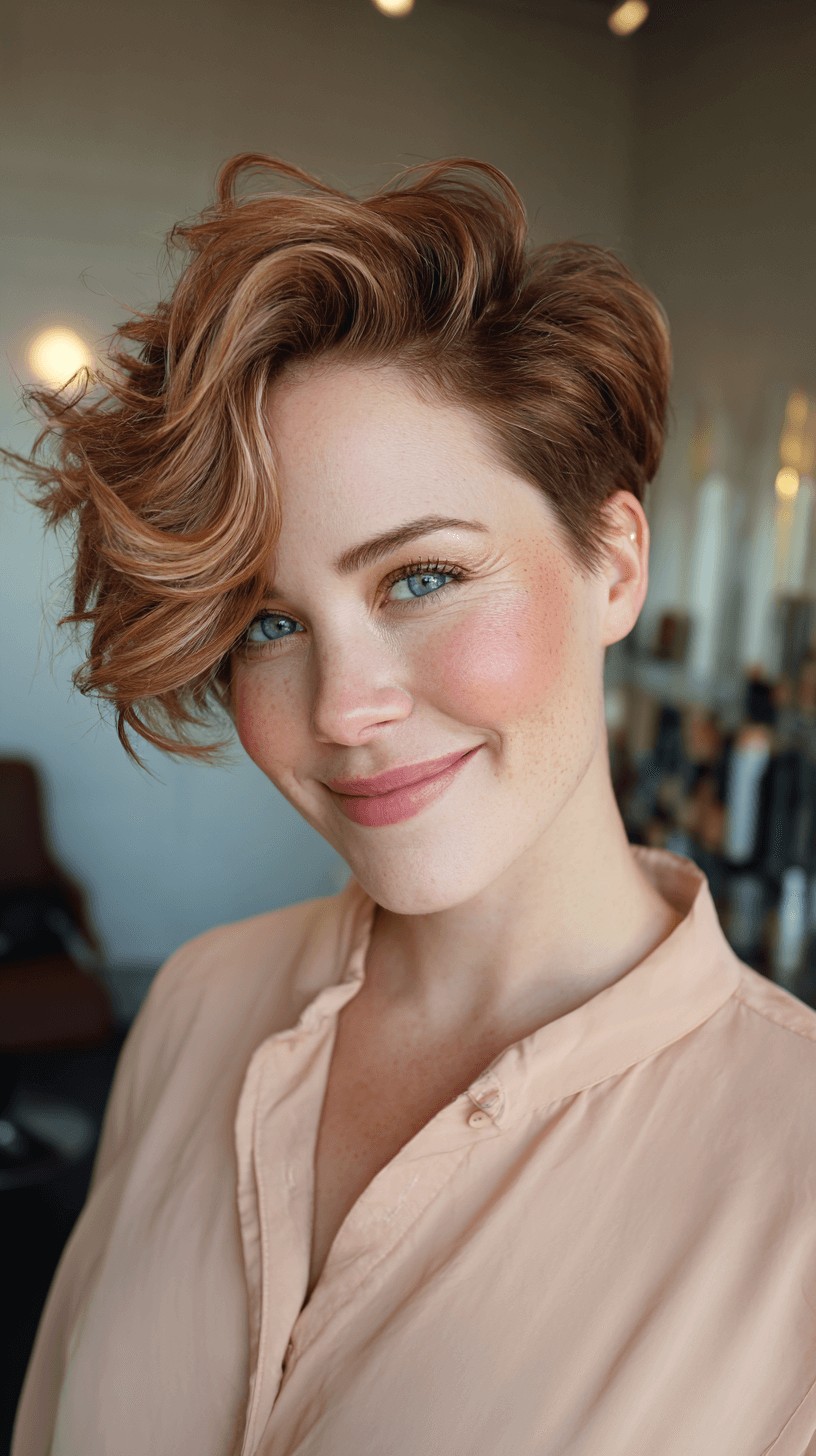 Soft Curly Pixie Cut with Subtle Copper Highlights