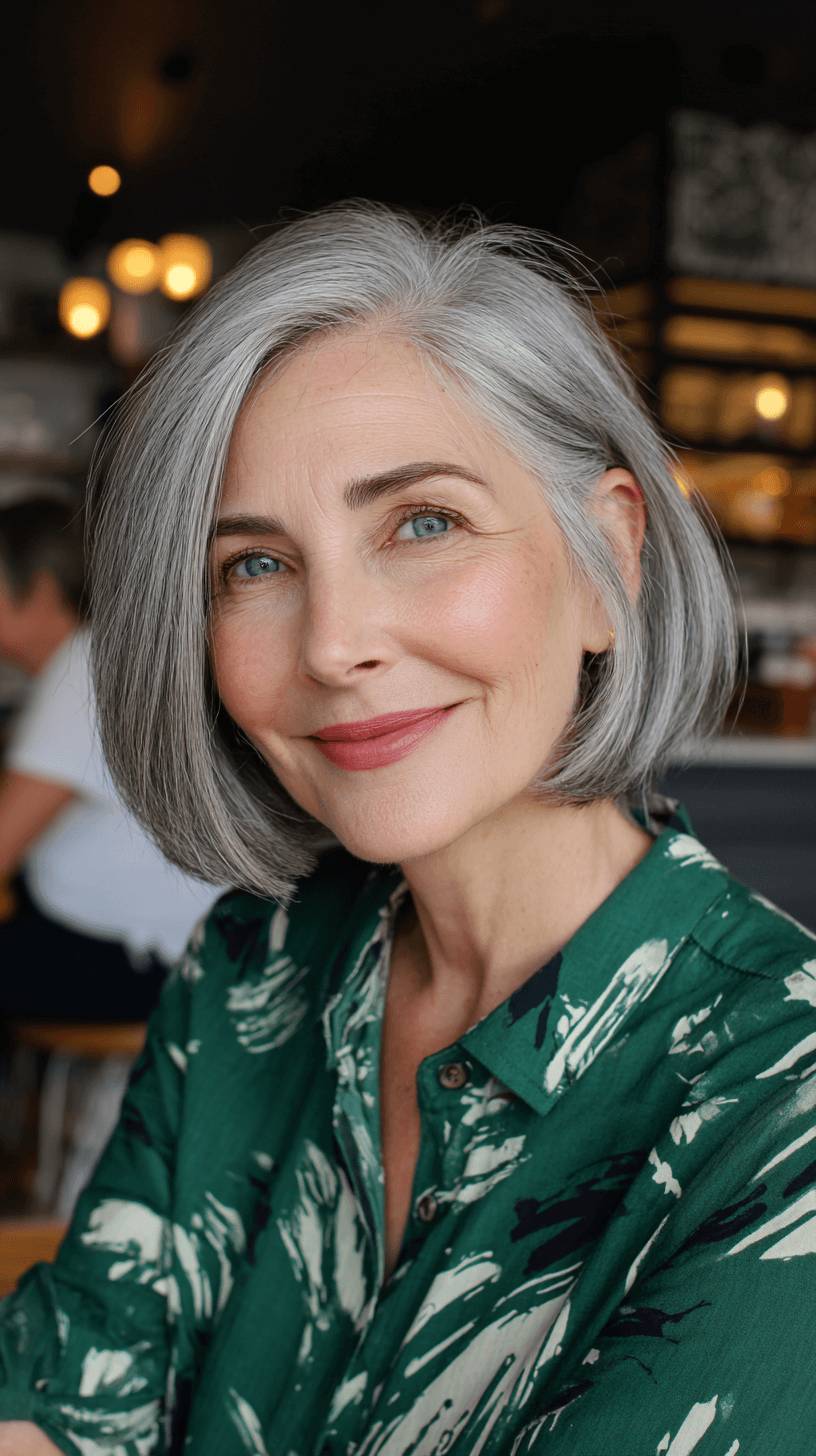 Softly Layered Grey Bob with Subtle Face-Framing Strands