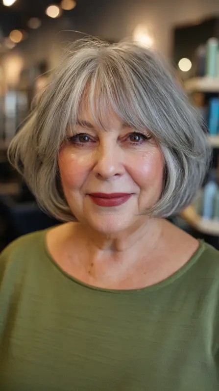 Softly Layered Silver Bob with Full Bangs