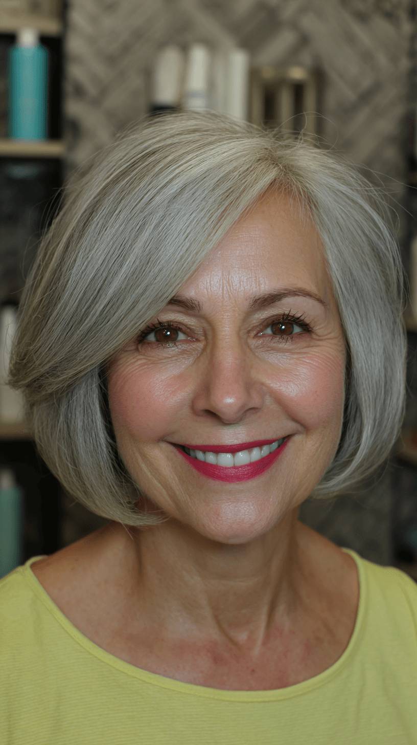 Softly Layered Silver Bob with Side-Swept Bangs