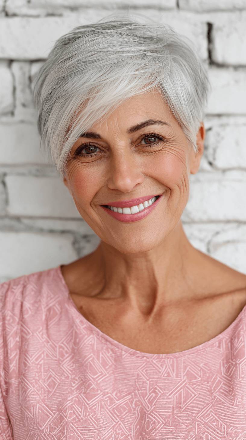 Softly Textured Silver Pixie Cut with Side Part