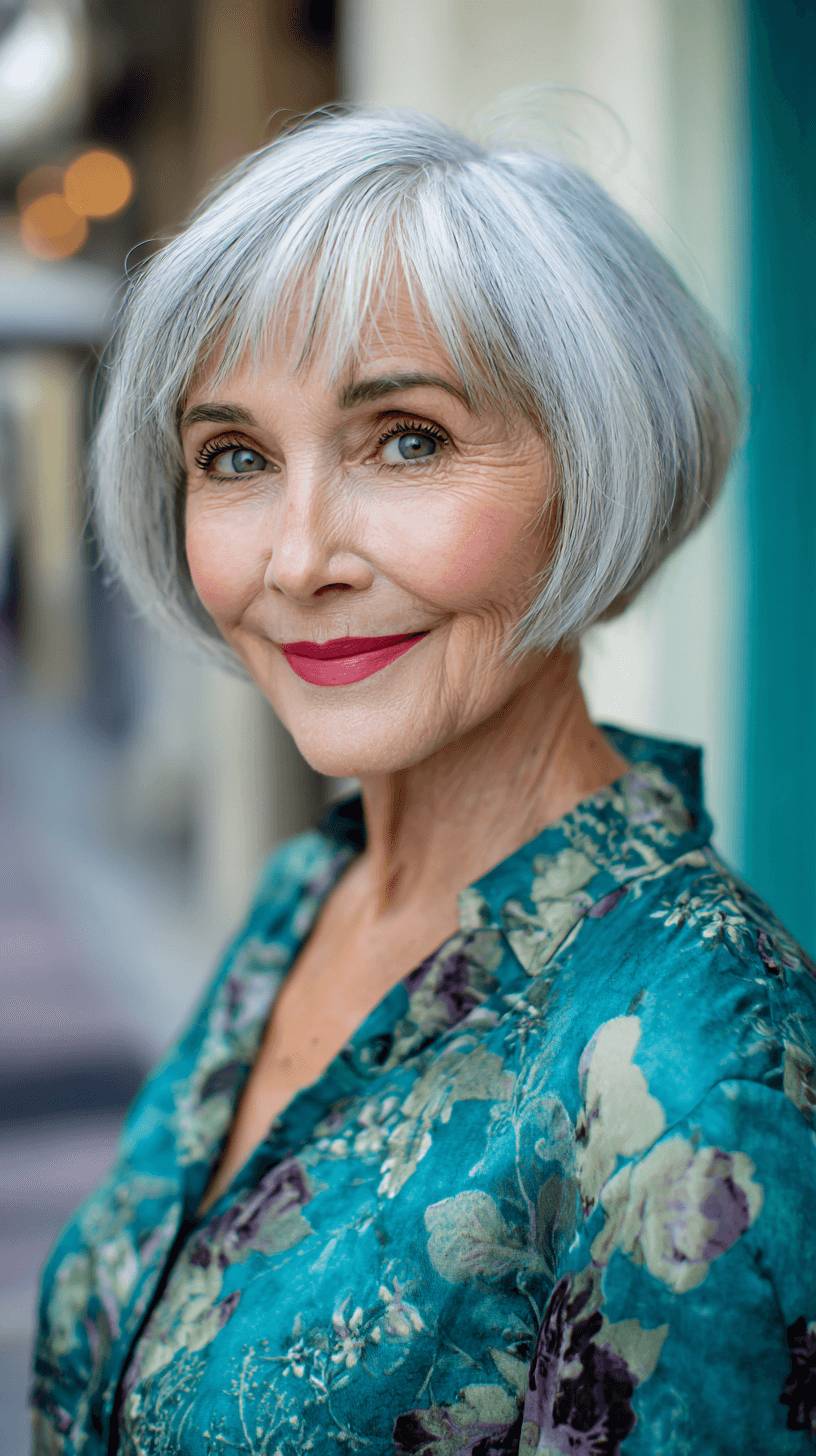 Stylish Textured Grey Bob with Soft Fringe