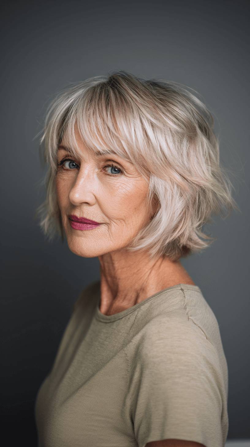 Textured Ash Blonde Shaggy Bob with Soft Long Bangs