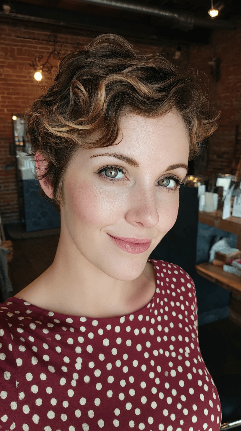 Textured Curly Pixie Cut with Golden Highlights