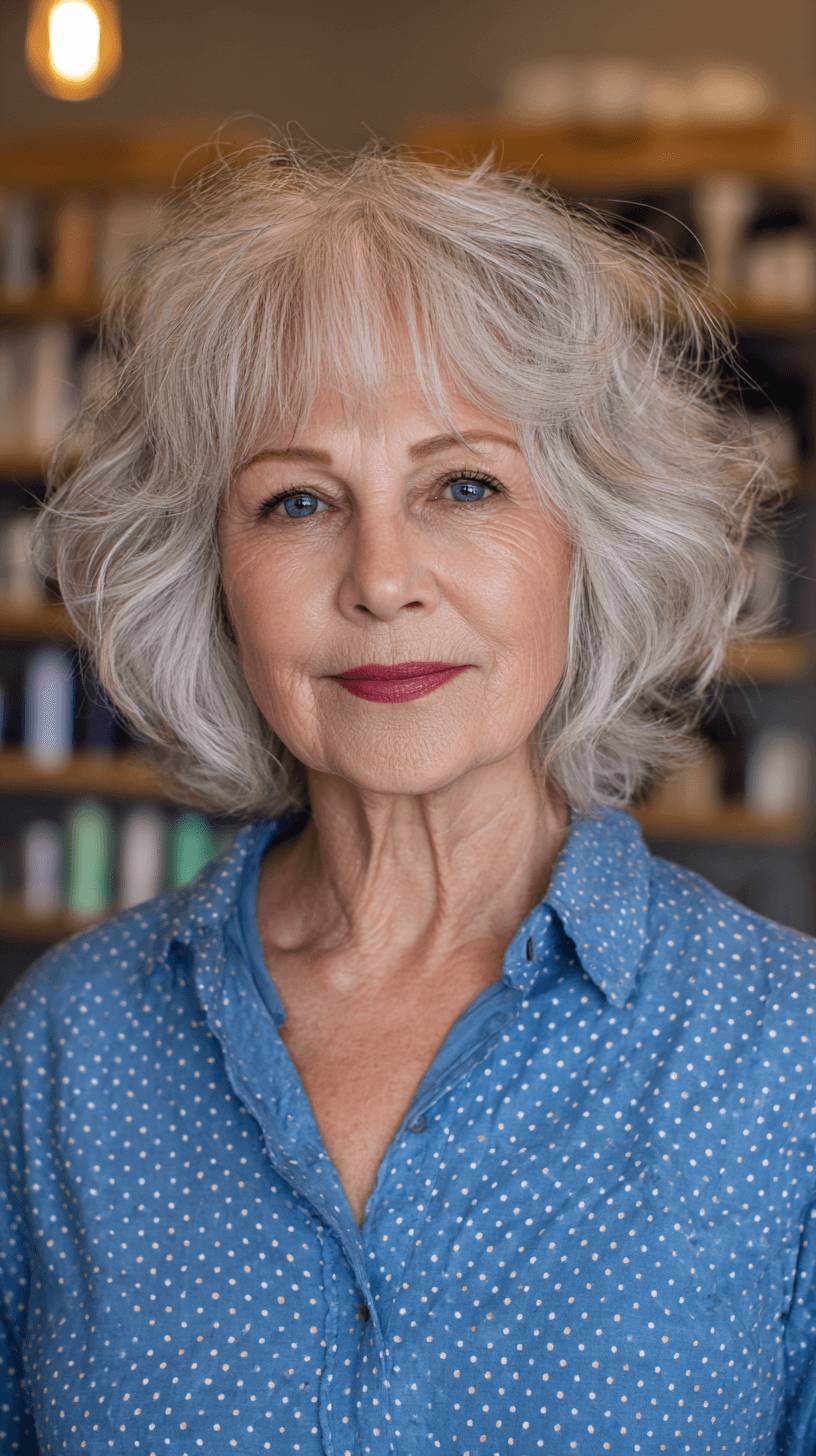 Textured Shaggy Bob with Soft Curly Bangs