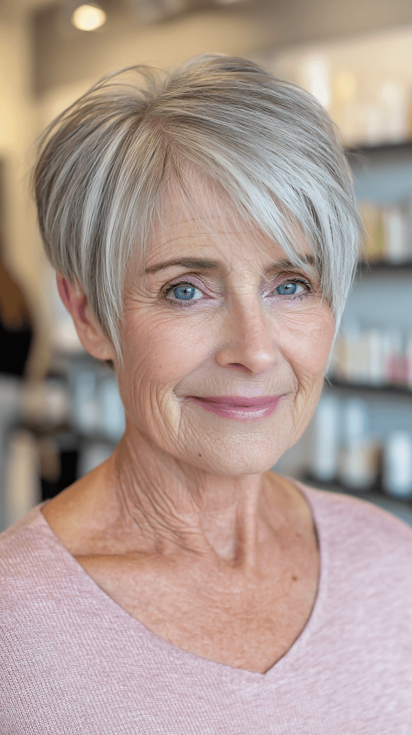 Textured Silver Pixie Cut with Side Swept Bangs