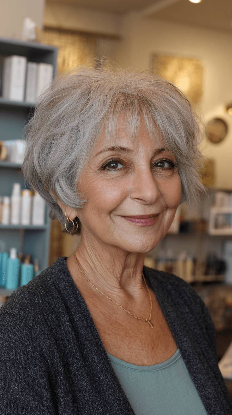 Textured Silver Shaggy Bob with Soft Bangs