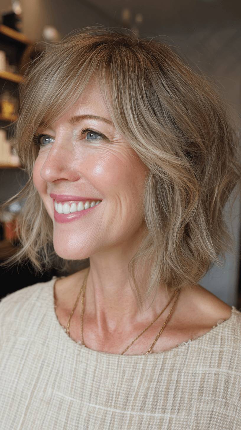 Textured Wavy Bob with Soft Curtain Bangs