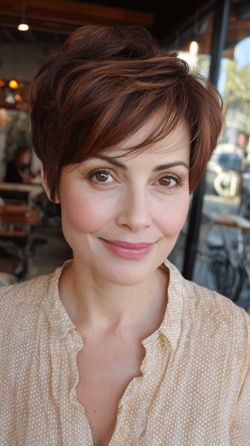 Warm Chestnut Textured Pixie Cut with Side Part