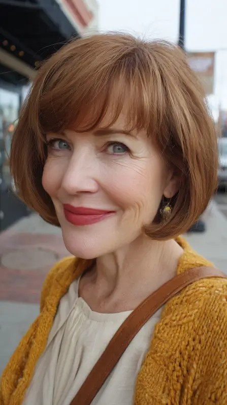 Warm Copper Blunt Bob with Soft Bangs