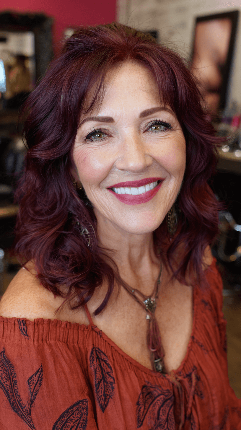 Charming Deep Burgundy Medium Length Cut with Soft Waves