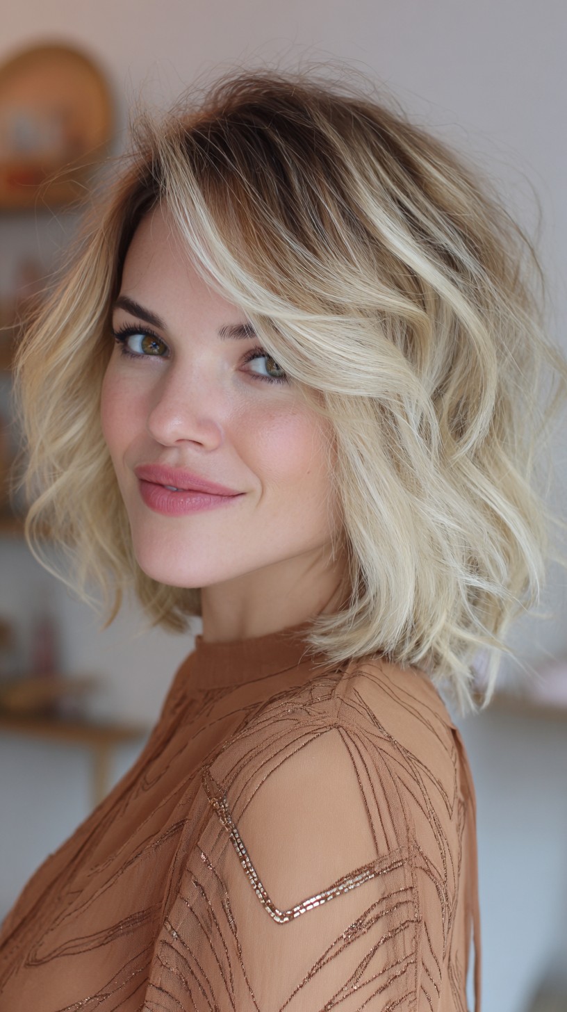 Chic Textured Shoulder-Length Blonde Waves with Bright Highlights