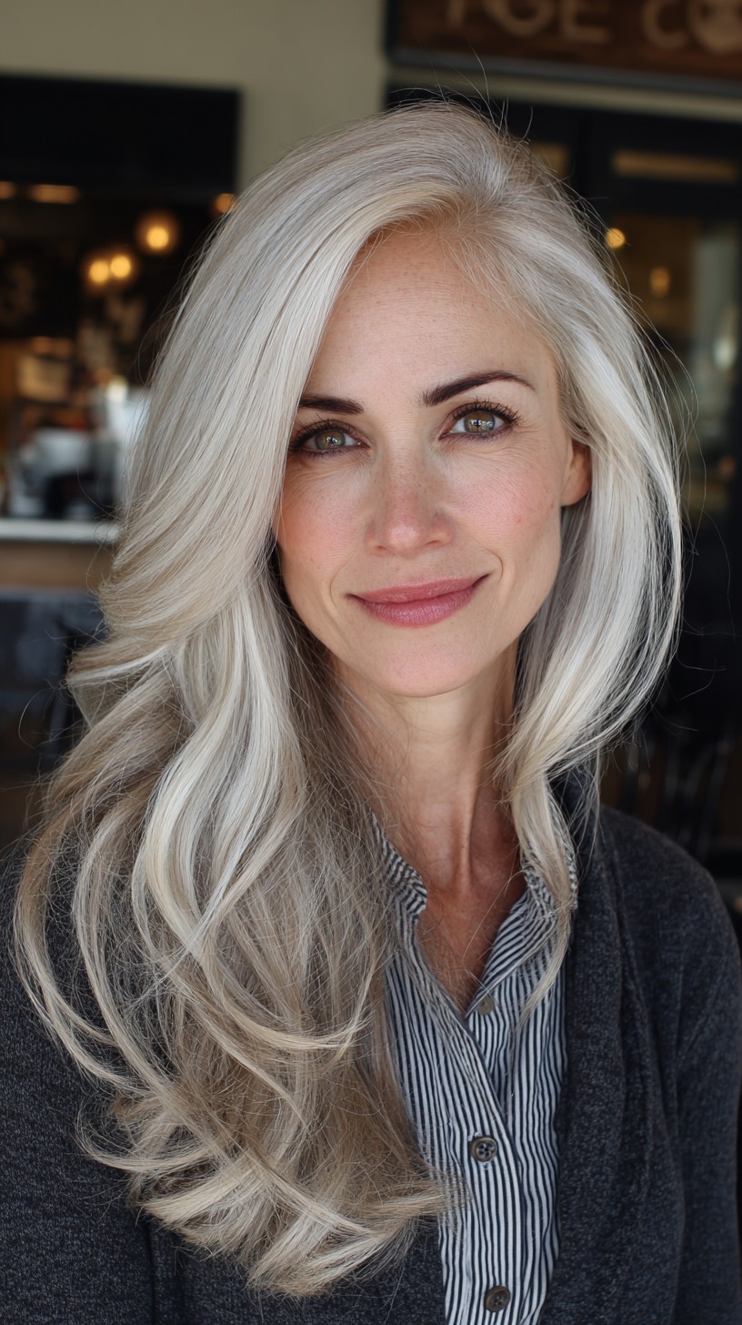 Elegant Long Silvery Blonde Layers with Soft Waves
