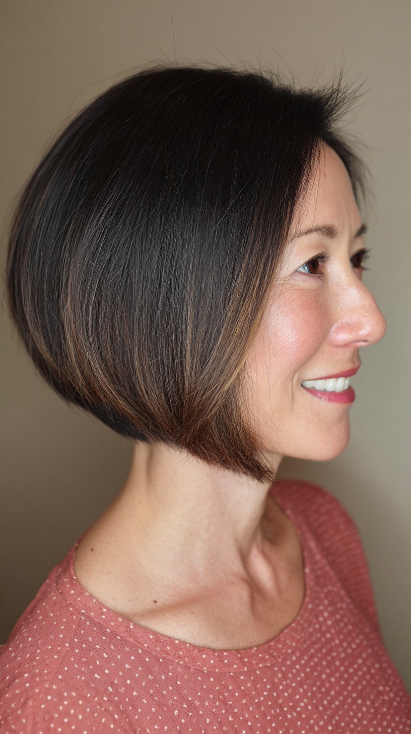Sleek Dark A-Line Bob with Warm Caramel Highlights