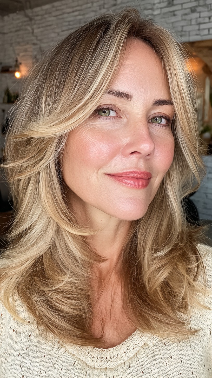 Soft Textured Blonde Layers with Face-Framing Highlights