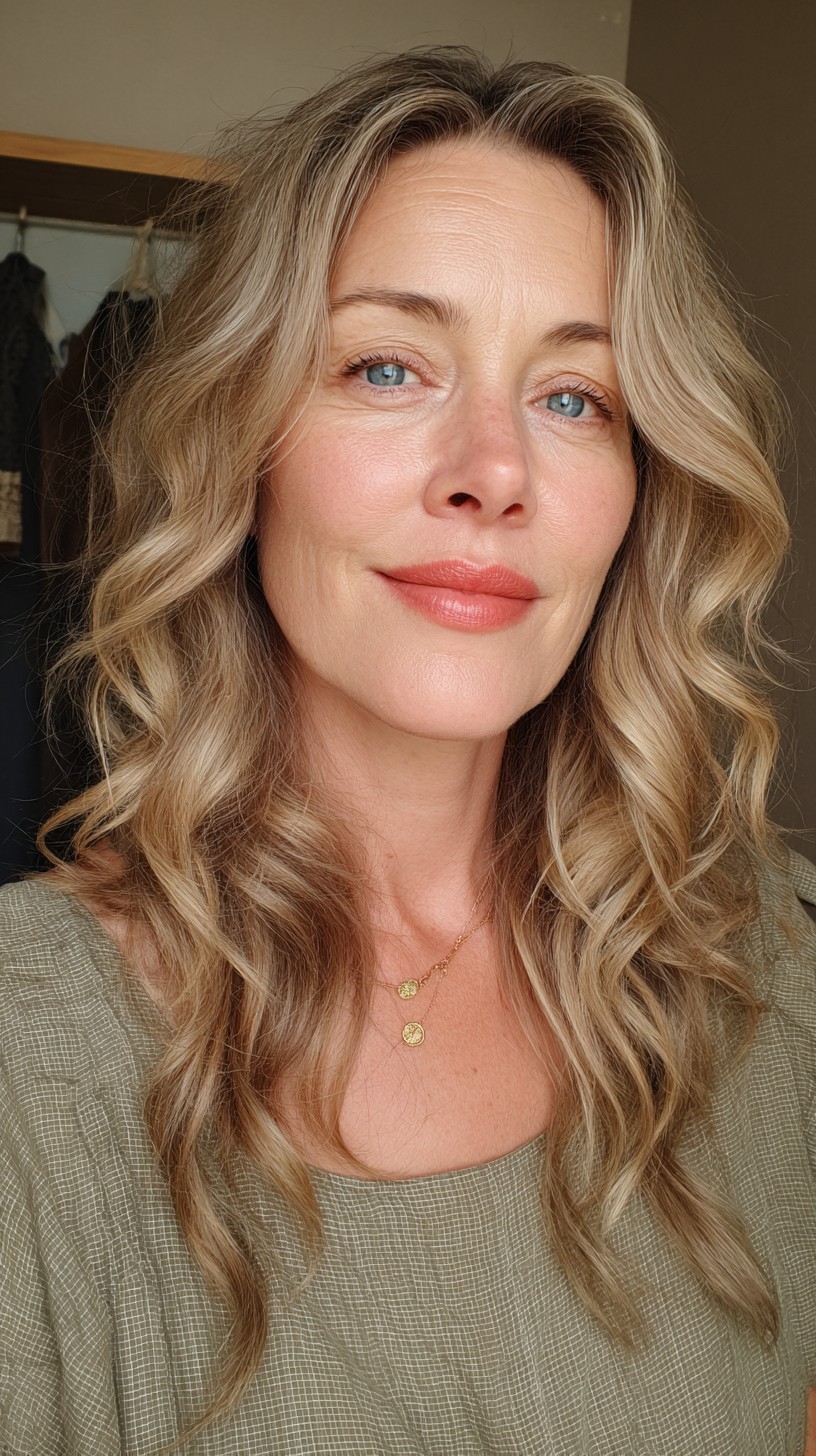 Softly Textured Shoulder-Length Blonde Waves with Face-Framing Layers