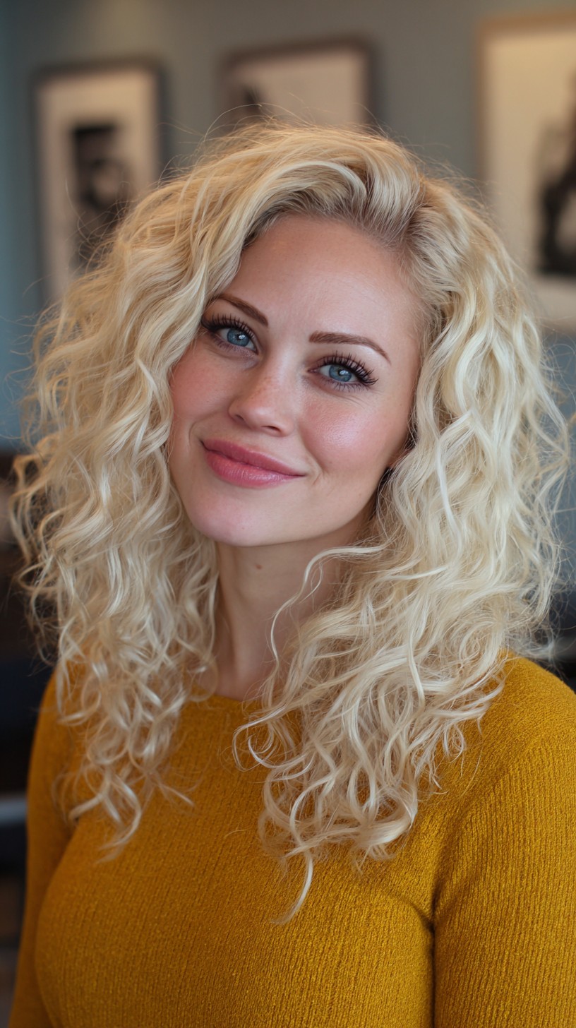 Textured Shoulder-Length Blonde Curls with Bright Highlights