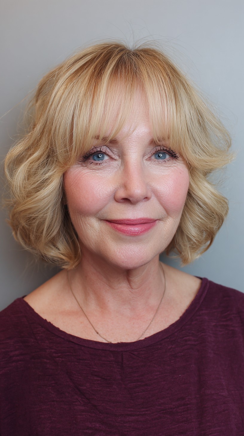 Textured Shoulder-Length Blonde Waves with Soft Bangs