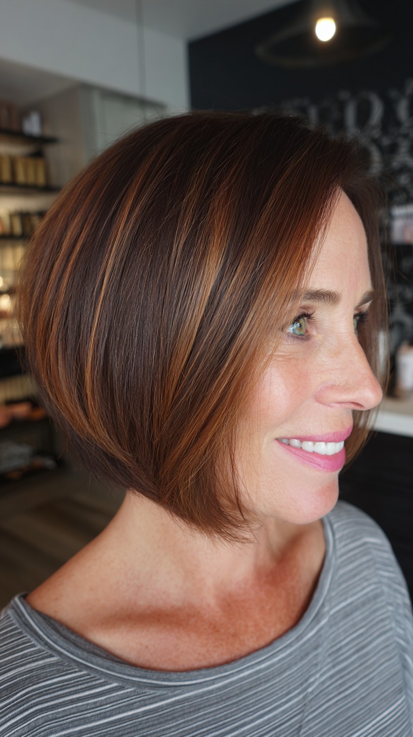 Warm Chestnut A-Line Bob with Subtle Caramel Highlights