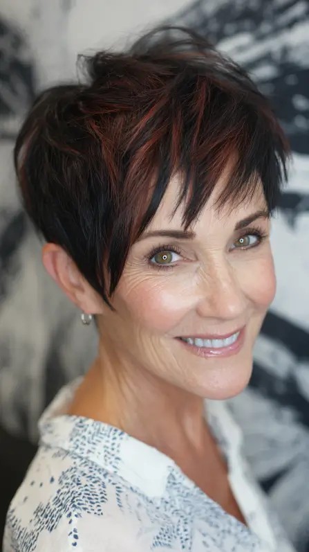 Bold Short Stacked Pixie with Fiery Highlights