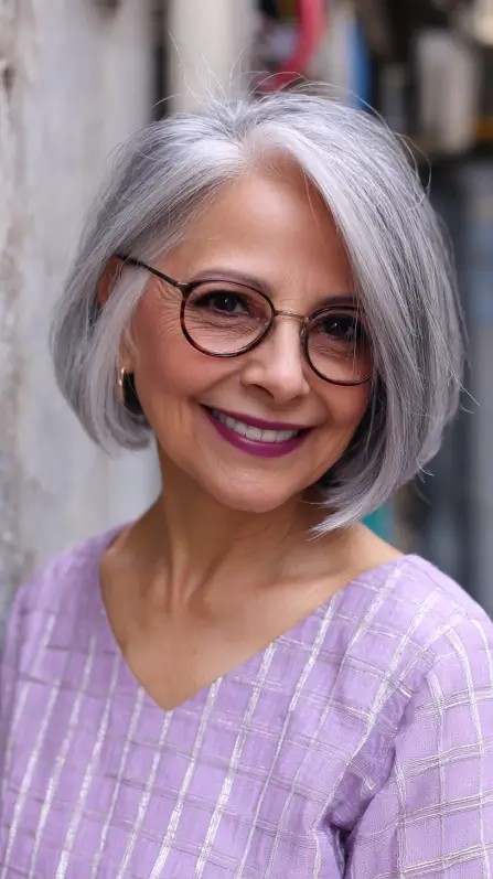 Chic Silver Layered Bob with Side-Swept Bangs