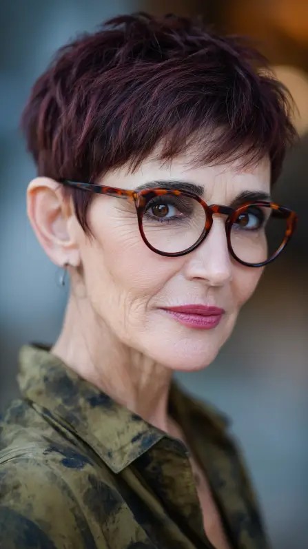 Chic Textured Short Cut with Rich Burgundy Highlights