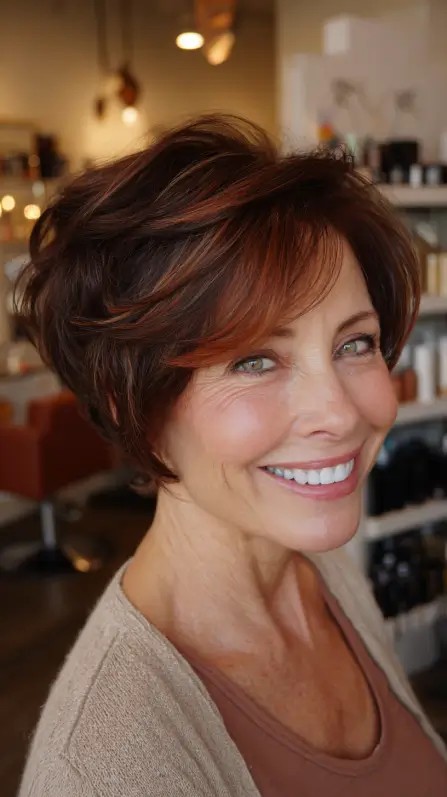 Chic Textured Stacked Pixie with Rich Copper Highlights