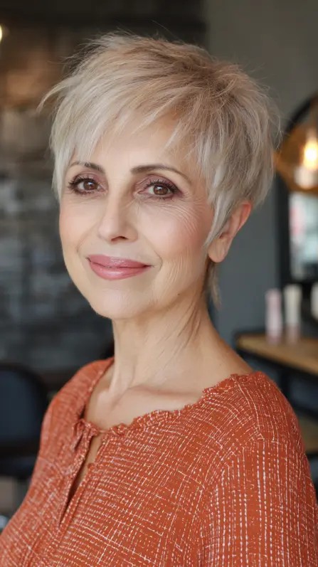 Chic Textured Stacked Pixie with Silver Highlights