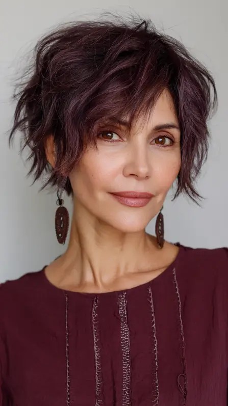 Edgy Textured Short Crop with Rich Plum Highlights