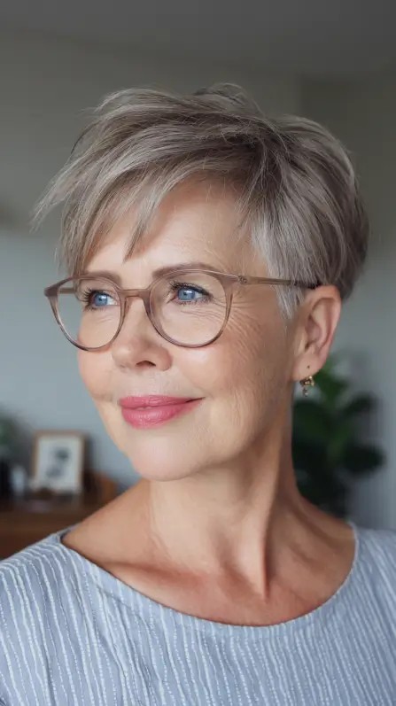 Elegant Light Grey Stacked Pixie Cut with Textured Layers