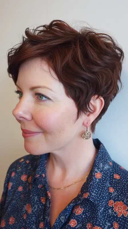 Rich Auburn Textured Stacked Pixie with Soft Waves