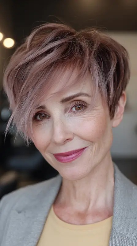 Soft Blush Stacked Pixie with Textured Layers