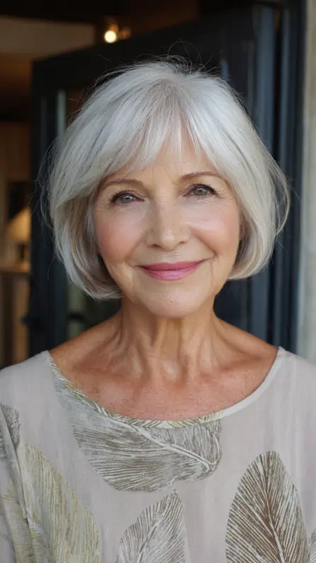 Softly Layered Silver Bob with Gentle Fringe