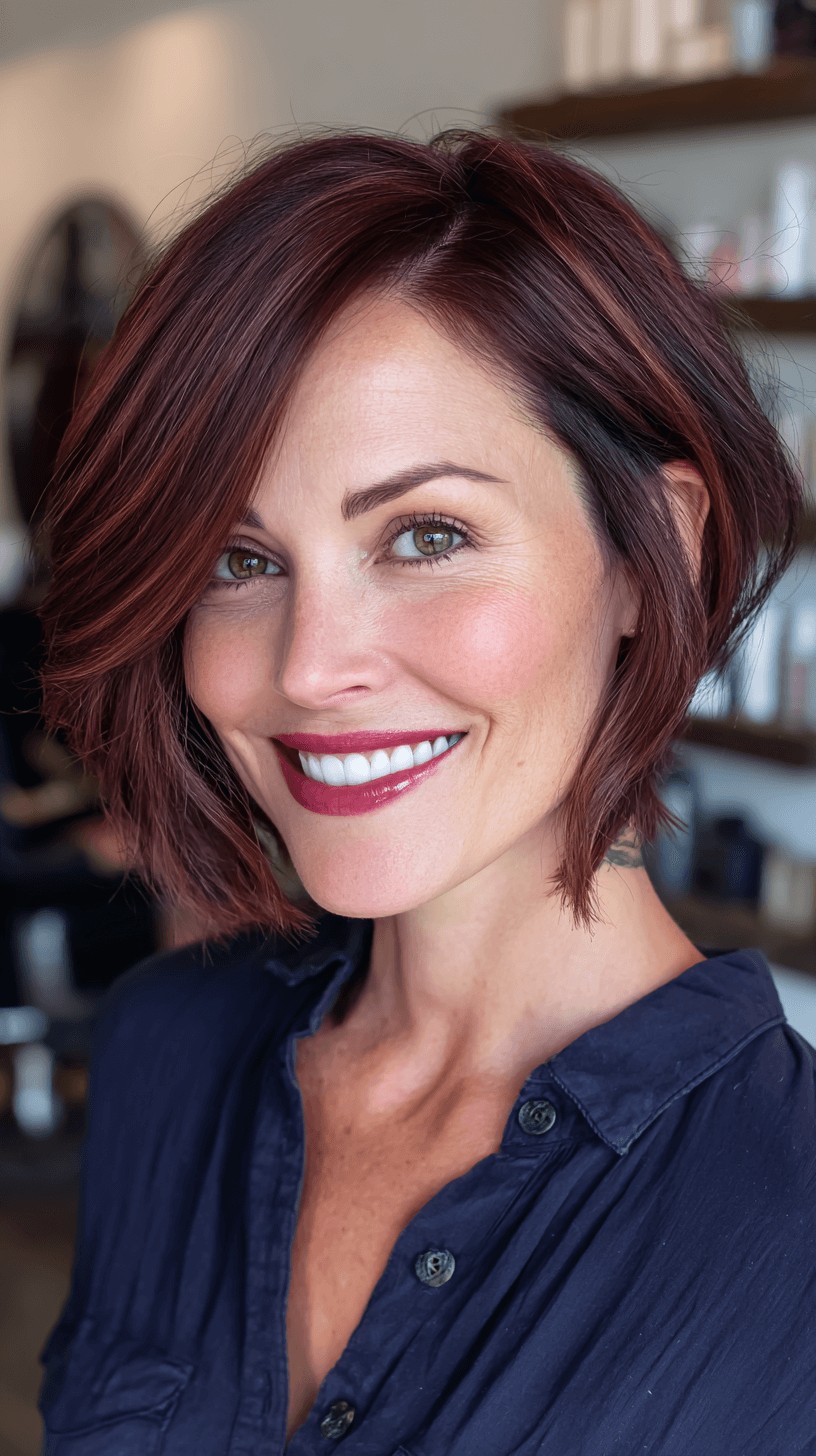 Stylish Textured Bob with Rich Burgundy Highlights