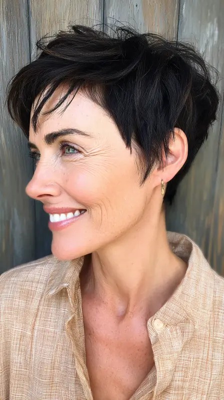 Textured Dark Chocolate Stacked Pixie with Soft Layers