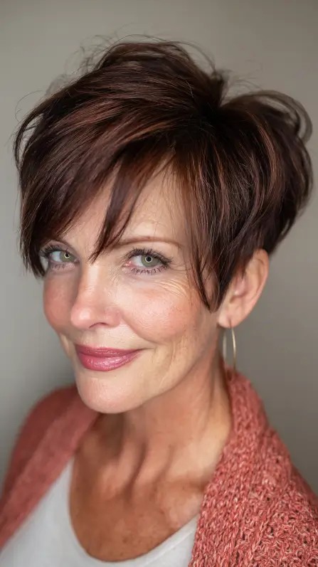 Textured Warm Brown Stacked Pixie with Soft Volume