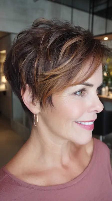 Warm Chestnut Stacked Pixie with Subtle Highlights
