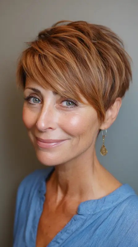 Warm Reddish-Brown Stacked Pixie with Textured Layers