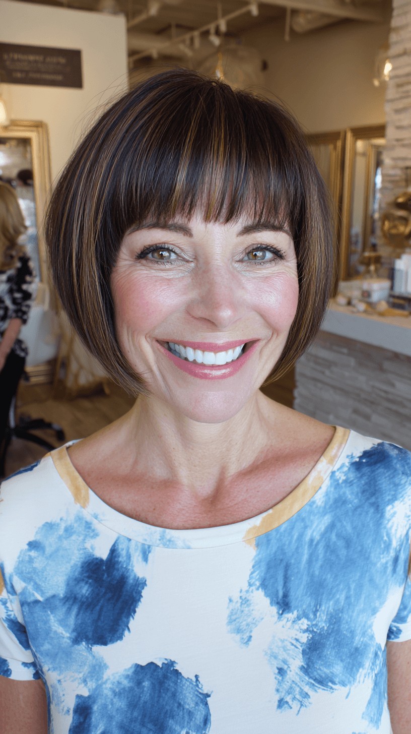 Chic Blunt Bob with Bold Fringe and Subtle Highlights