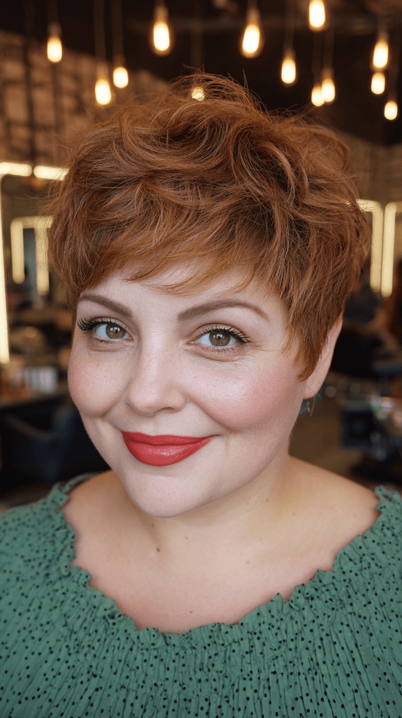 Chic Curly Copper Pixie with Soft Layers