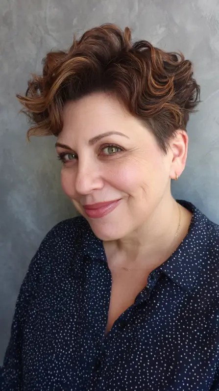 Chic Curly Pompadour Pixie with Subtle Highlights