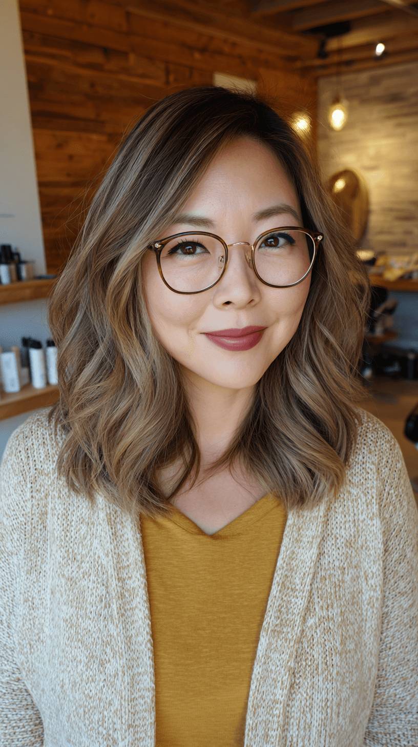 Chic Textured Mid-Length Cut with Warm Blonde Highlights
