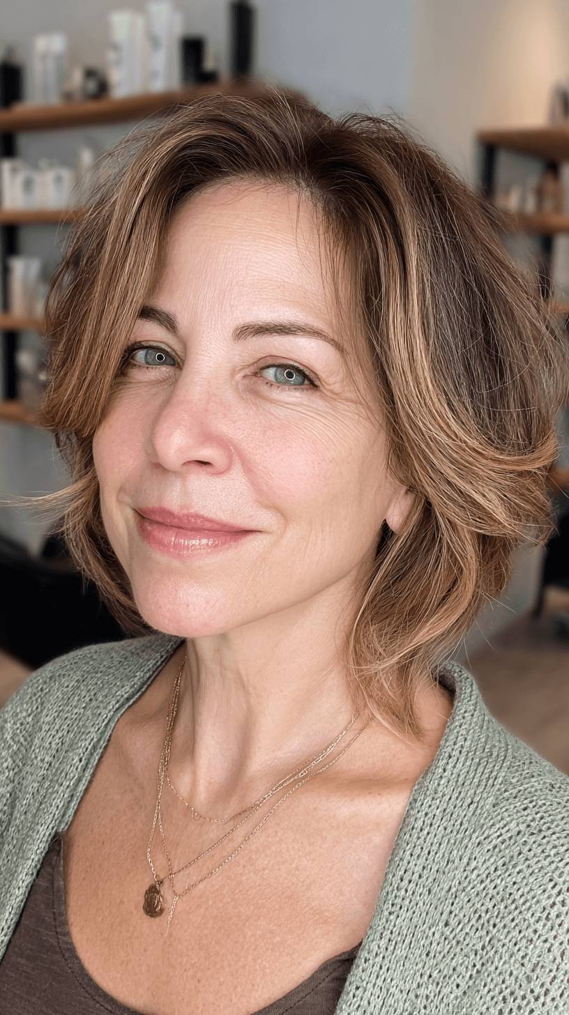 Chic Textured Mid-Length Cut with Warm Highlights