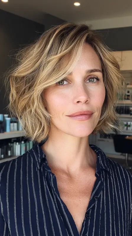 Effortlessly Chic Feathered Bob with Soft Waves