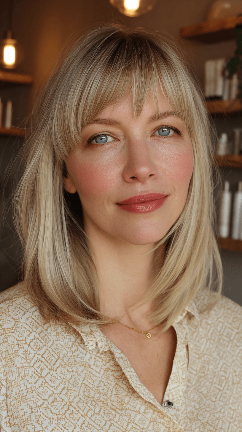 Softly Layered Dark Blonde Hair with Face-Framing Bangs