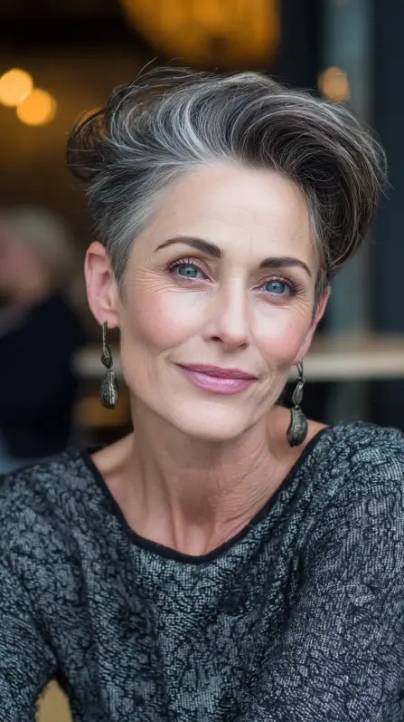 Stylish Asymmetrical Pompadour Pixie with Soft Gray Highlights