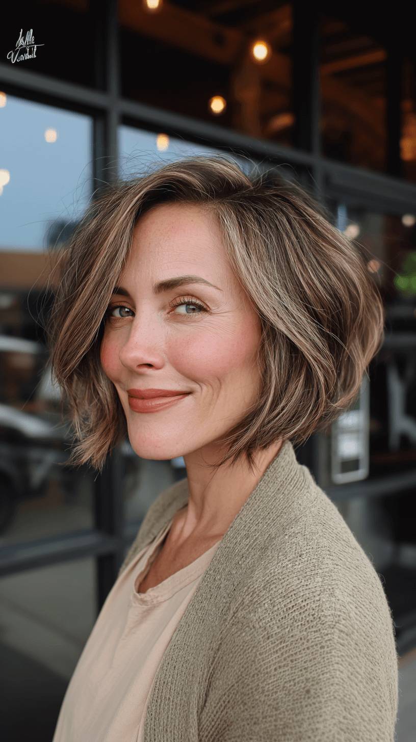 Textured Asymmetrical Bob with Natural Highlights